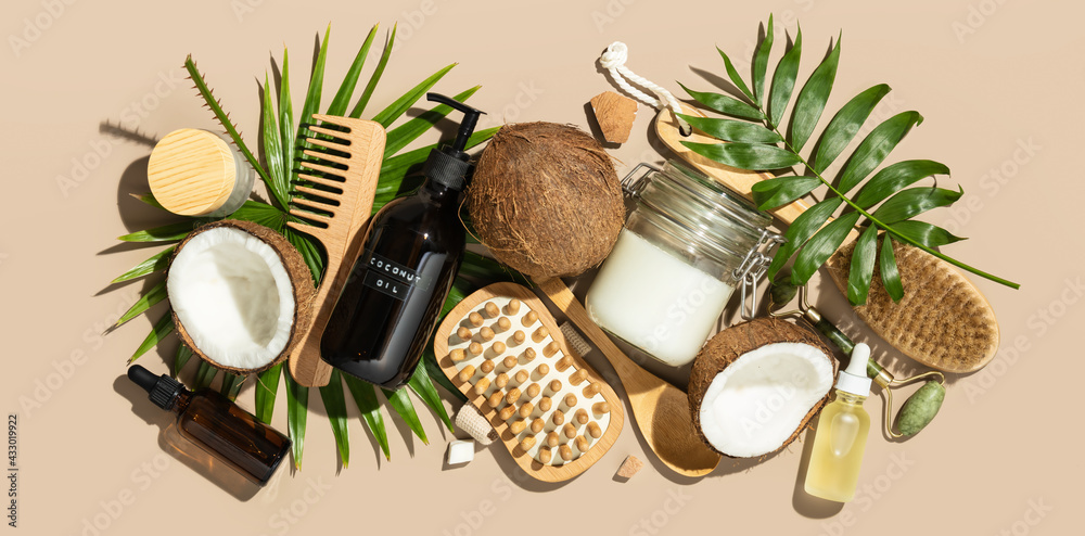 Spa coconut products flat lay, face, body and hair organic treatment  concept Stock Photo | Adobe Stock
