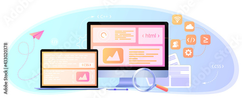 Concept web design, website page development. The working process. Template landing page for website. Web development, optimization, user experience. Website layout elements, photo, data transfer.
