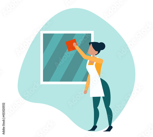 Vector of a maid, cleaning lady wiping a window