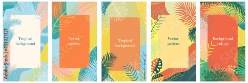Abstract summer background with tropical palm leaves. Texture in blue and orange, jungle, beach theme. Set of backgrounds for posts, social network, flyer, card, sale Vertical template, place for text