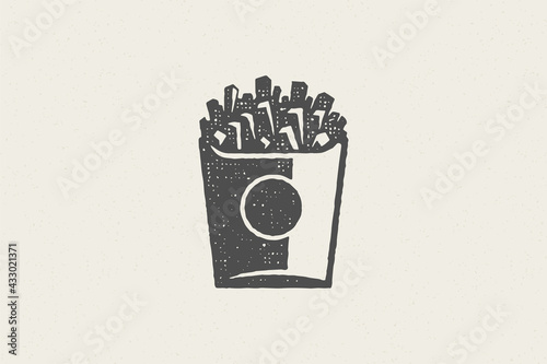 French fries silhouette in striped paper package for fast food service hand drawn stamp effect vector illustration.