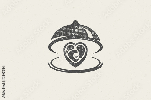 Heart shape beef steak silhouette served on tray with open cloche hand drawn stamp effect vector illustration.