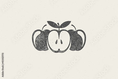 Whole and halved fresh apples silhouettes for healthy and organic food logo hand drawn stamp