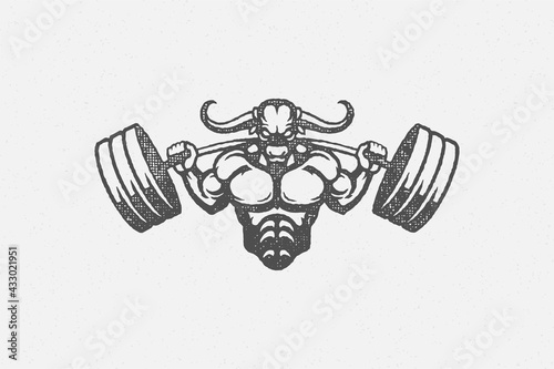 Sportsman silhouette with bull head lifting barbell hand drawn stamp vector illustration