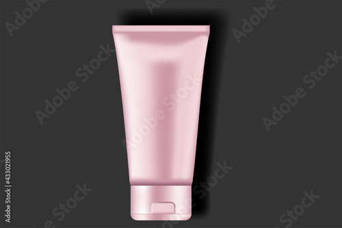 Vector illustration. Pink glossy plastic tube for medicine or cosmetics: gal, balm, cream, skin care, toothpaste, lotion. Realistic packaging mock up template. Side view, full face, close-up.