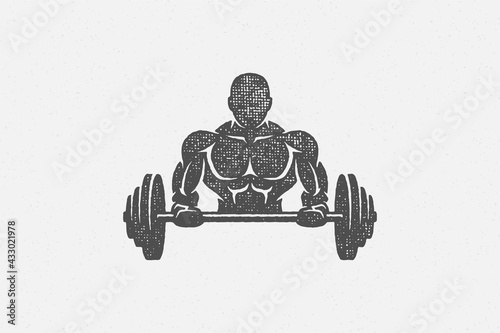 Strong bodybuilder lifting barbell silhouette hand drawn stamp vector illustration.