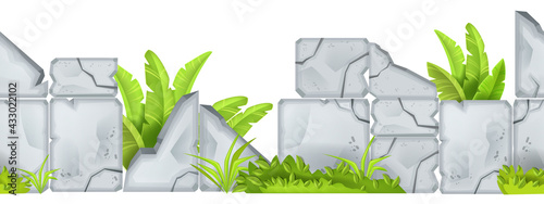 Seamless game stone background, vector environment cartoon rock border, jungle leaves, green bushes. Nature ui design, ancient temple ruin, broken boulders. Game level tiles, stone wall blocks