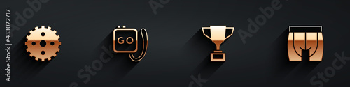 Set Bicycle sprocket crank, Stopwatch, Award cup with bicycle and Cycling shorts icon with long shadow. Vector