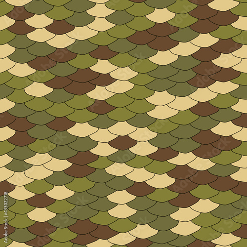 Seamless pattern. Realistic imitation of scales of fish. Green khaki camouflage scales with black lines background. Animal print.