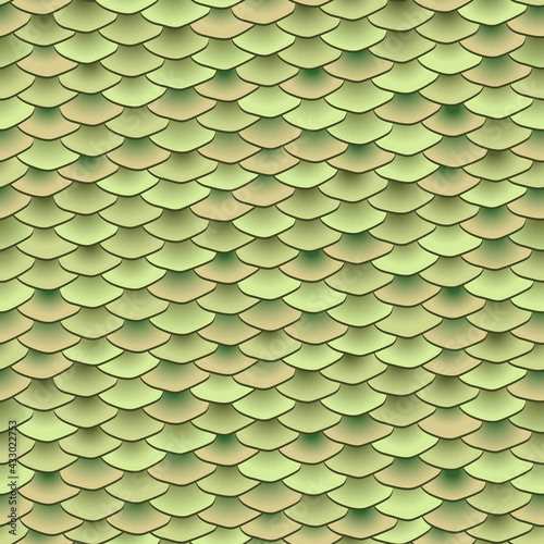 Seamless pattern. Realistic imitation of scales of fish. Green scales with black lines background. Animal print.