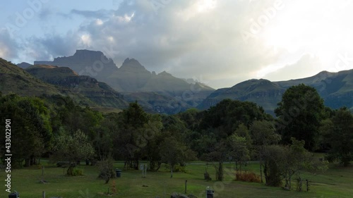 Time lapse of clouds over Cathkin peak and Monk’s Cowl campsite in Drakensberg photo