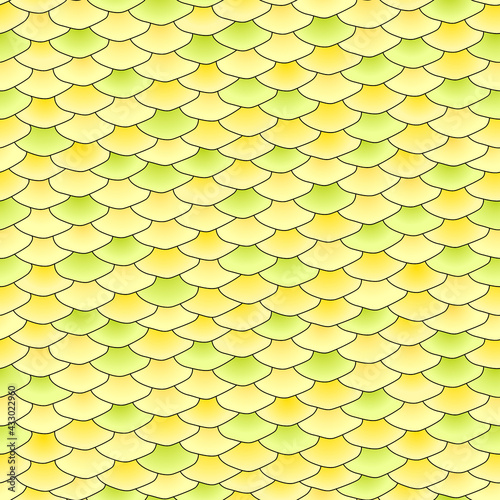 Seamless pattern. Realistic imitation of scales of fish. Yellow and green scales with black lines. Yellow background. Animal print.