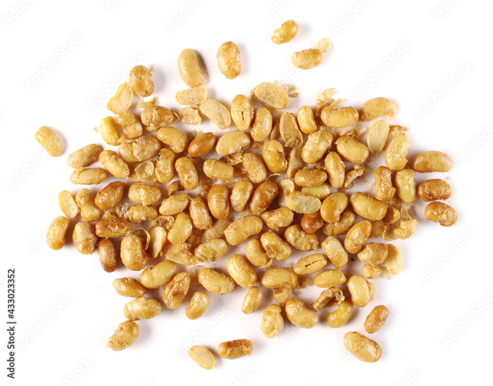 Roasted soybeans pile isolated on white background, top view Roasted soybeans pile isolated on white background, top view