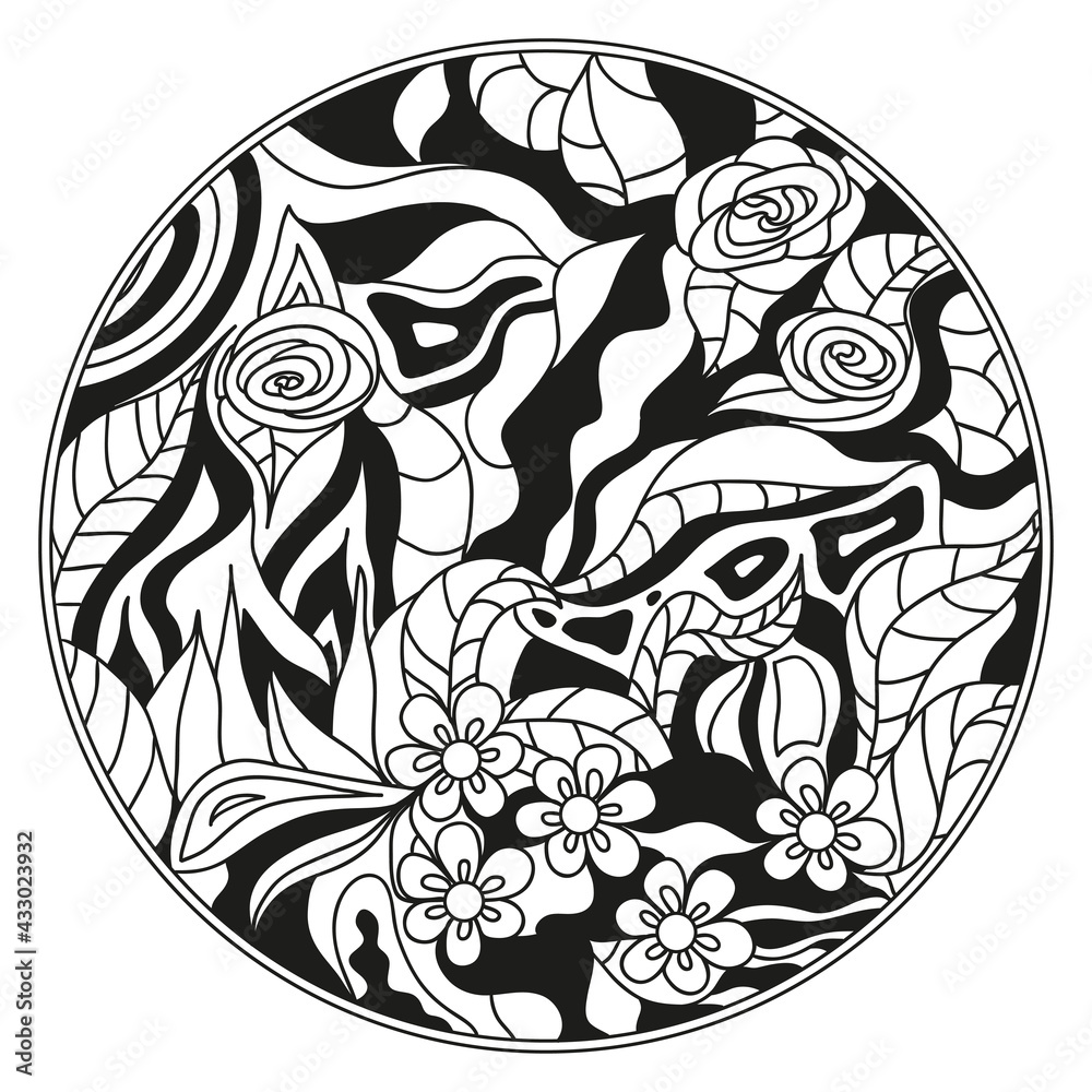 Zendala. Zentangle. Hand drawn circle mandala with abstract patterns on