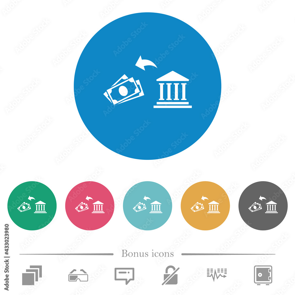 Cash withdrawal from bank flat round icons