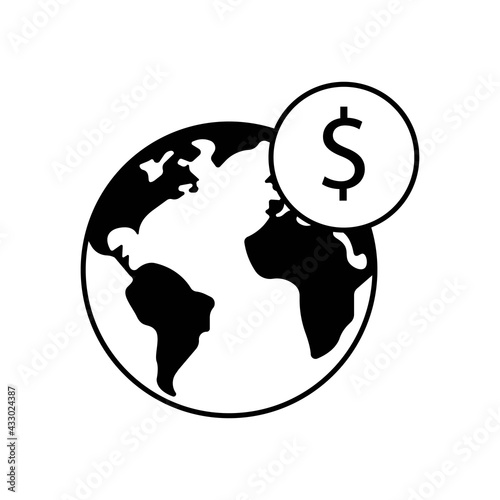 Planet Earth with coin. World globe web page or buisness concept black line icon. Trendy flat isolated symbol, sign for: illustration, outline, logo, app, design, web, dev, ui, ux, gui. Vector EPS 10