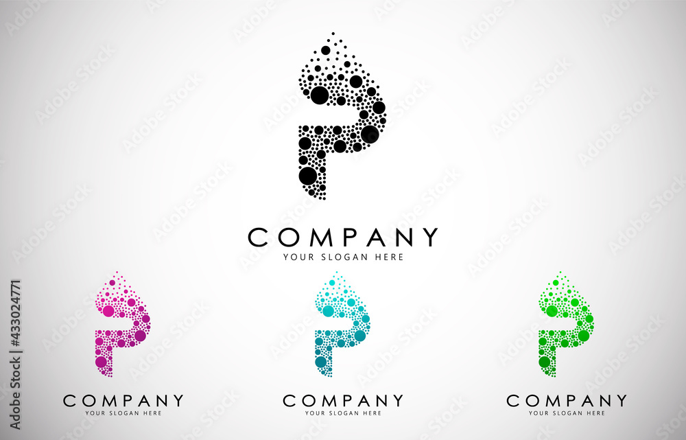 P Letter Logo set with Dispersion Effect and Dots, Bubbles, Circles. O Dotted letter in black, purple, blue and green gradient vector illustration.