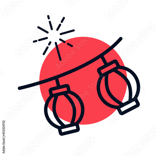 Japanese lantern on a red circle with fireworks. Japanese summer festival.
