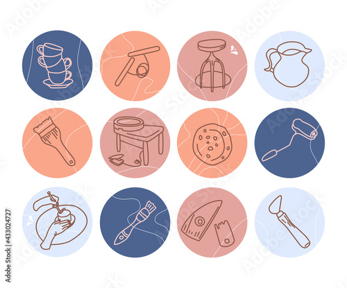 Clay crafting blog or shop.Round hand drawn highlights for social media in doodle style.Pottery modeling and sculpture tools.Instruments in pastel colors. Ceramics workshop banner.Vector