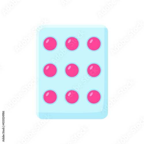 Blister, packing of oval and round tablets, capsules of different colors.
Medicine and healthcare concept. Vector illustration. Isolated over white background. Cartoon style
