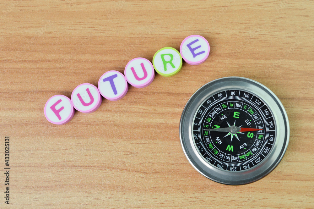 Top view of compass and alphabet letters with text FUTURE. Top view of compass and alphabet letters with text FUTURE.