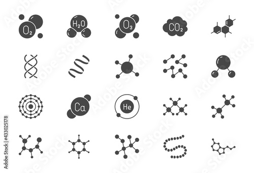 Molecule flat glyph icons. Vector illustration included icon amino acid, peptide, hormone, protein, collagen, ozone, O2 chemical formula silhouette pictogram for chemistry