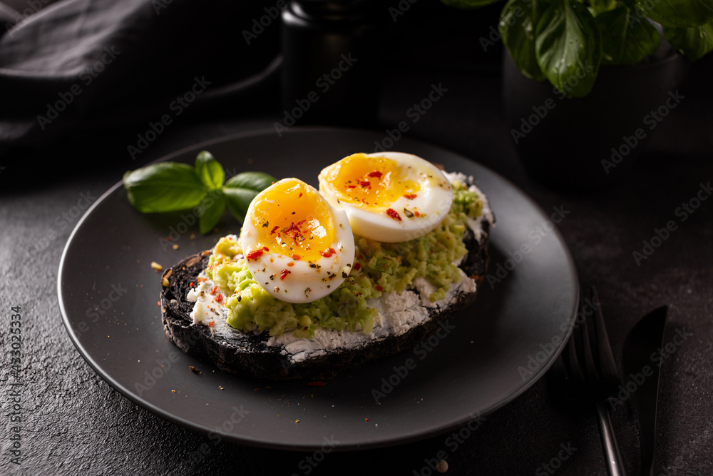 Breakfast with avocado toast with eggs on a plate Breakfast with avocado toast with eggs on a plate
