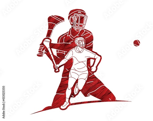 Irish Hurley Sport. Group of Hurling Sport Players Action. Cartoon Graphic Vector