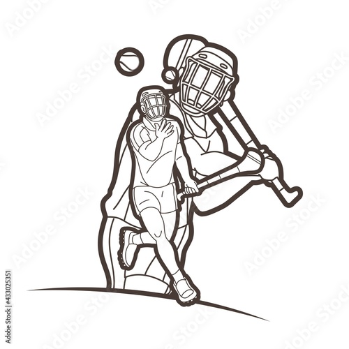 Irish Hurley Sport. Group of Hurling Sport Players Action. Cartoon Graphic Vector