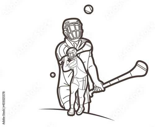 Irish Hurley Sport. Group of Hurling Sport Players Action. Cartoon Graphic Vector