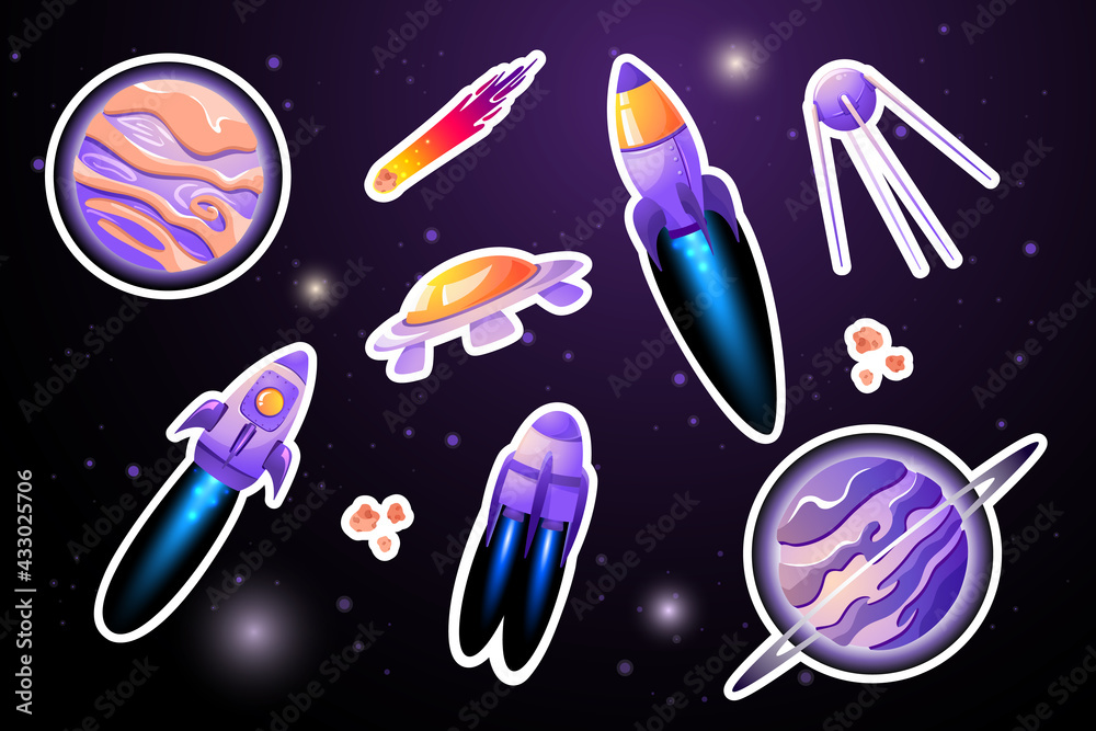 Naklejka premium Set of planet and rocket stickers. Childish Space and rocket cartoon background for school and kindergarten. Vector flat illustration