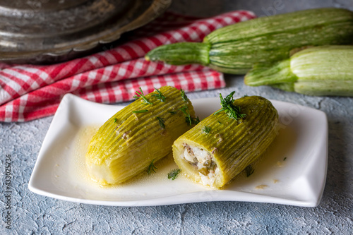 Traditional delicious Turkish food; Stuffed zucchini (Turkish name; terbiyeli kabak dolmasi) photo