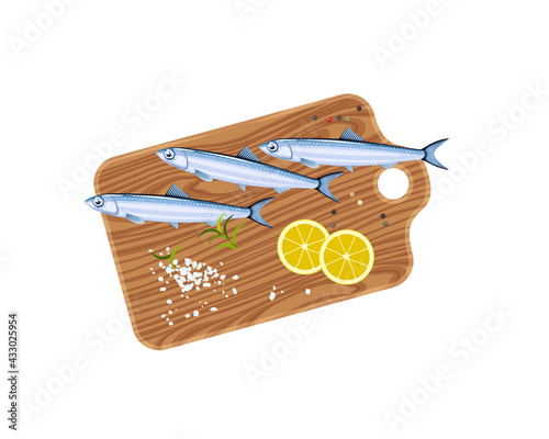 Anchovy fishes on cutting board with lemon, salt and pepper. Vector illustration cartoon flat icon isolated on white background. photo