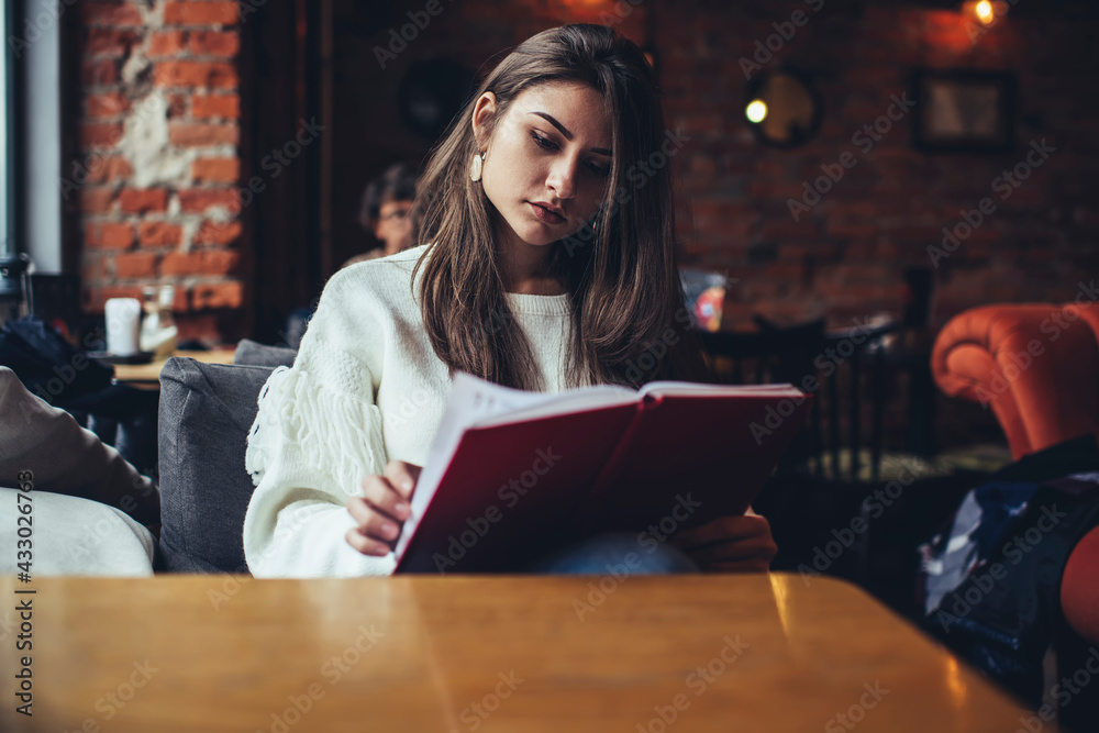 Focused woman reading information in notebook Focused woman reading information in notebook