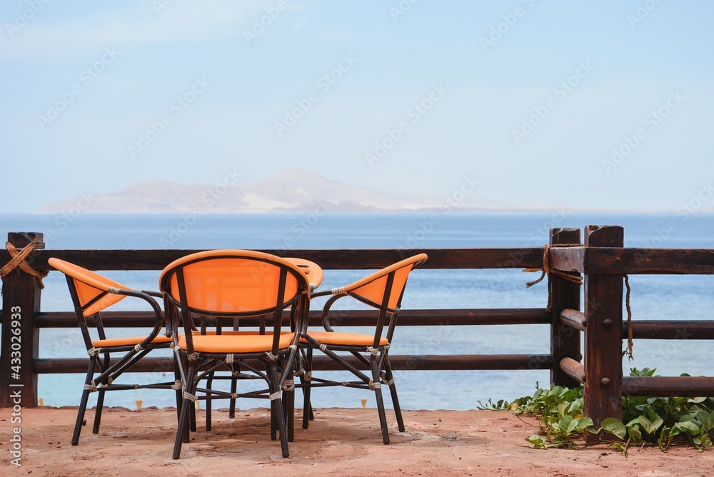 table in the restaurant on the sea background table in the restaurant on the sea background