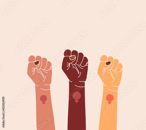 feminism illustration, women raised their fists, fight for women's rights, people of different races together, activists united for protest, feminists hands raised up