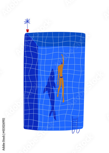 Funny cartoon swimmer and a shark shadow