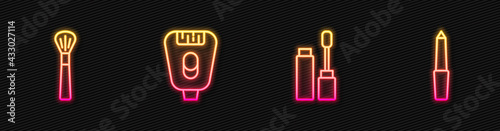 Set line Mascara brush, Makeup, Epilator and Nail file. Glowing neon icon. Vector