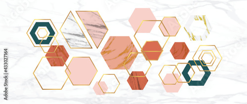 Luxury Gold Geometric pattern background vector. Abstract art wallpaper design with golden glitter, mountain, marble texture, line arts. Good for Wall home decor, canvas art, modern banner and prints.
