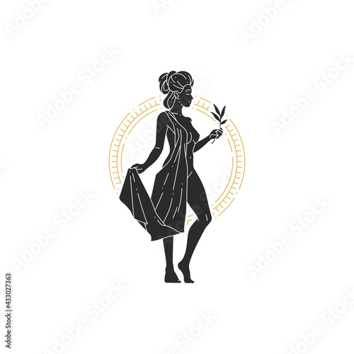 Beautiful bohemian woman goddess with branch and leaves silhouette