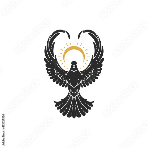 Flying dove wit sun hand drawn silhouette vector illustration