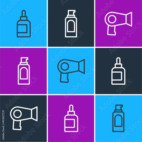 Set line Cream or lotion cosmetic tube, Hair dryer and Spray can for hairspray icon. Vector
