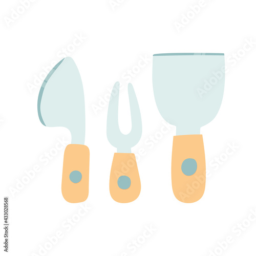 A set of cheese knives. Collection of blades for cutting and serving cheese. Vector flat illustrations isolated on white background.