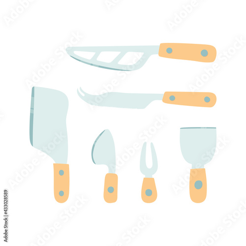 A set of cheese knives. Collection of blades for cutting, slicing and serving cheese. Vector flat illustrations isolated on white background.