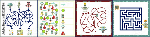 Mini games collections with robots for development. I spy. Maze. Colorful vector illustration in flat style.