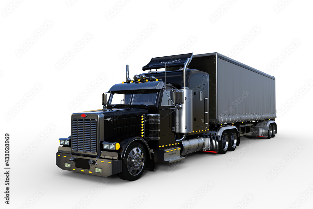 3D rendering of a large black and grey articulated freight truck isolated on white.