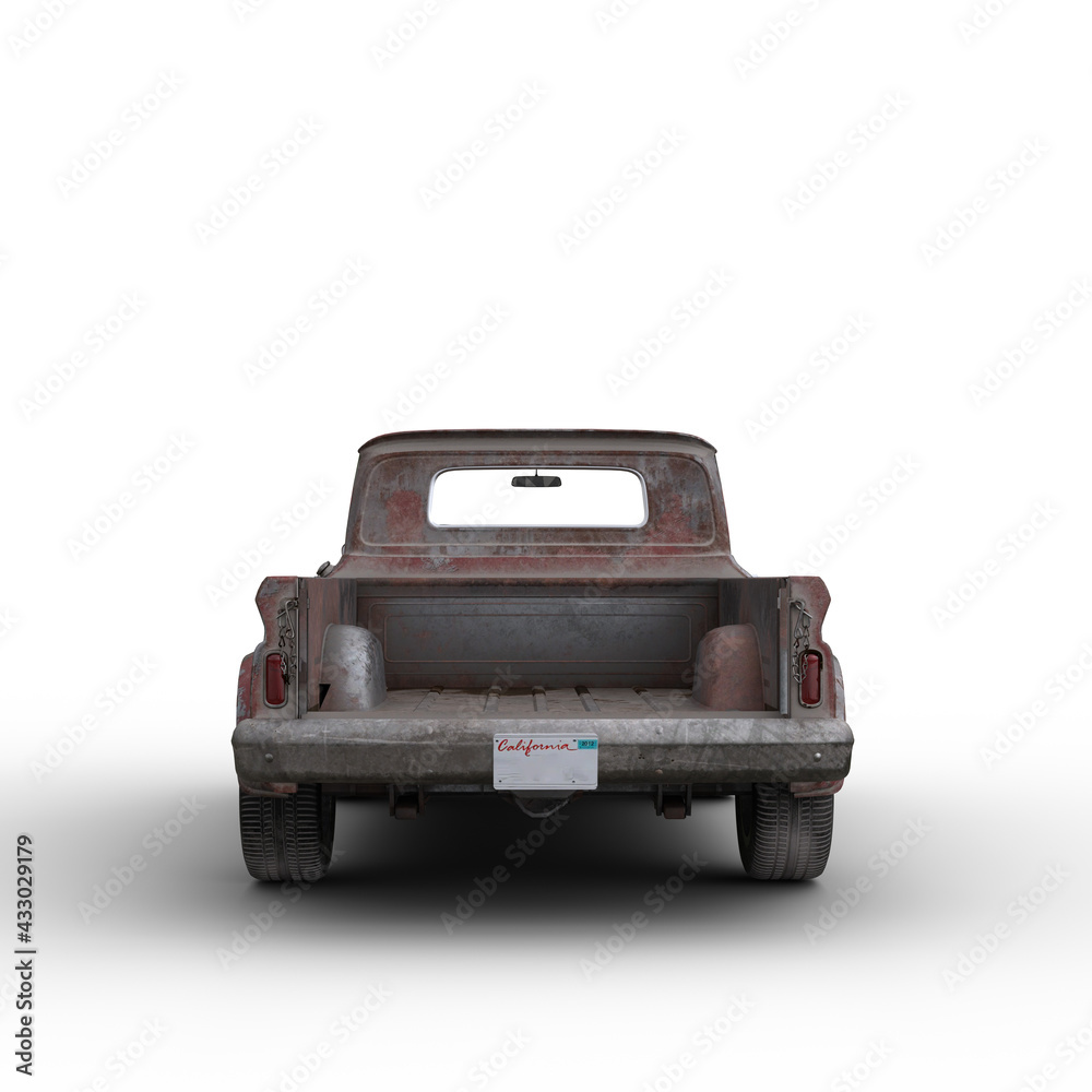 Rear view 3D rendering ofl an old rusty vintage red pickup truck isolated on white. - obrazy, fototapety, plakaty 