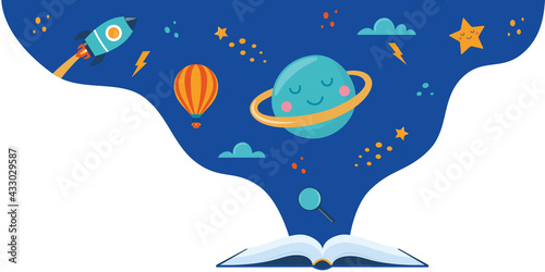 Open book and space elements. Planet, rocket, star, cloud, aerostat. Education concept for kids. Knowledge, creativity, discoveries. Design for educational motivational banner. Back to school. Vector.