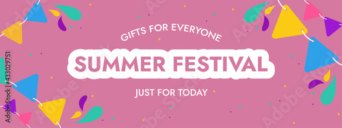 Summer fair in honor of the day of sale, on a bright background with hanging flags and confetti. Vector illustration