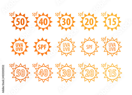 SPF Sunscreen sun protection icon label set. Sun shape outline icons for sunblock cosmetic packaging. Different levels of spf anti-uv protection skincare. Simple flat  outline colored vector icon set.
